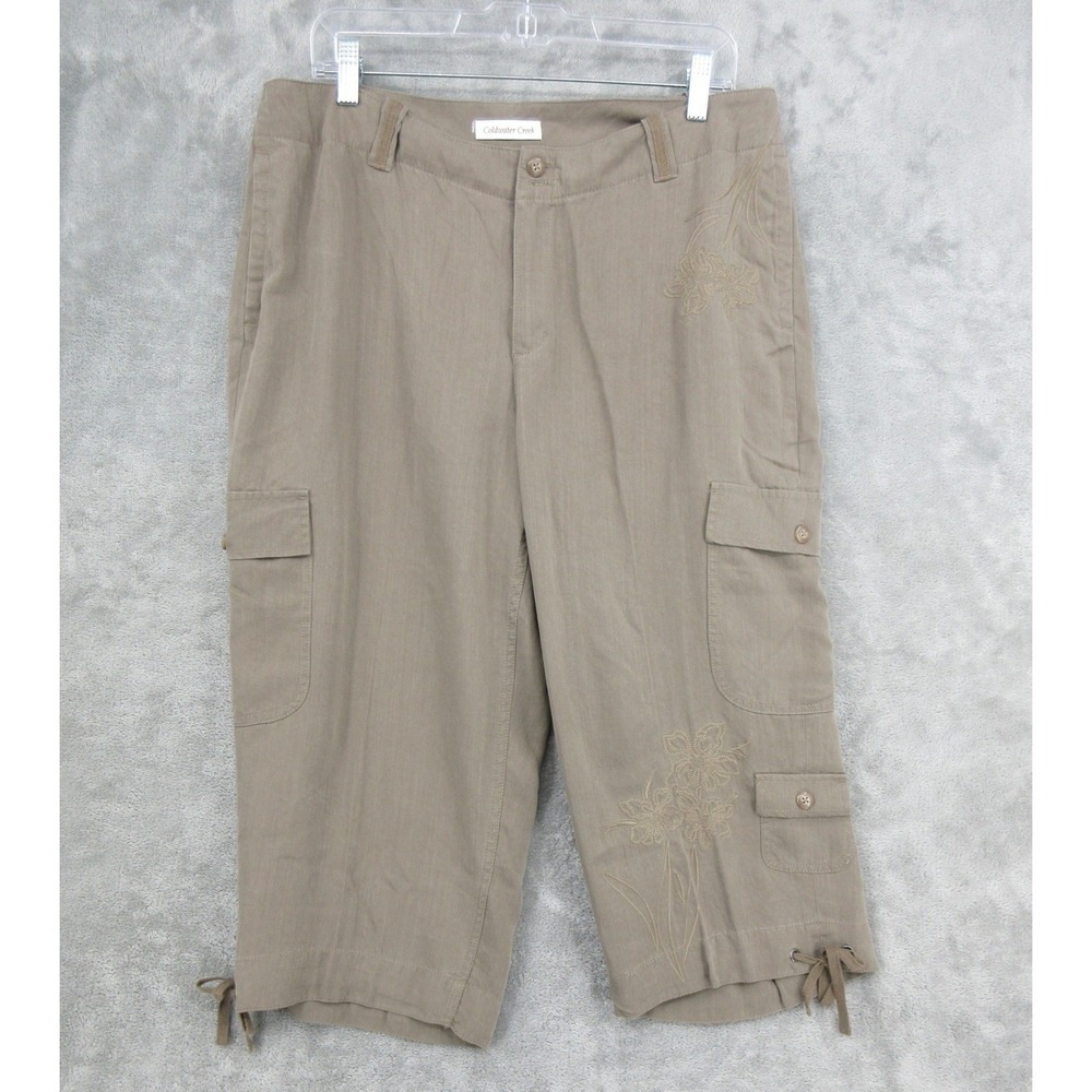 Coldwater Creek Pants Womens Size 16 Petite Cargo Capri Chambray Floral Pockets